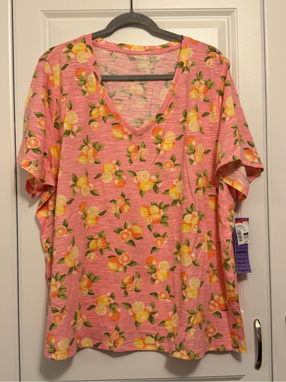 Talbots Pink V-Neck Short Sleeve Tee with Citrus Print